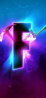 Vibrant neon blue and pink gaming wallpaper featuring a glowing 'F' symbol.