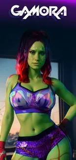 Vibrant digital art of Gamora in purple and green attire.