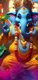 Vibrant mobile wallpaper featuring blue Ganesh with vivid colors and cultural motifs.