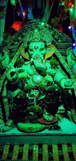 Vibrant green Lord Ganesh with colorful lights.