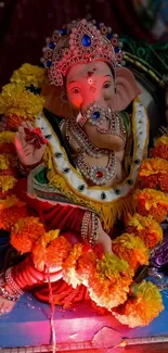 Colorful Ganesh festival decoration with marigold flowers.