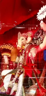 Vibrant Ganesh festival artwork with red and gold hues in a traditional setting.