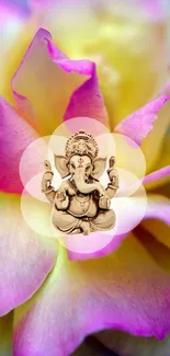 Ganesh surrounded by vibrant flower petals on mobile wallpaper.