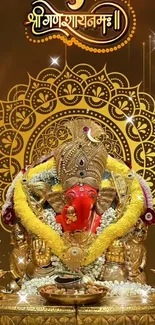 Ganesh Ji mobile wallpaper with golden mandala background.