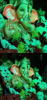 Colorful Lord Ganesh with flowers in green glow wallpaper.