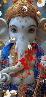 Vibrant Ganesh figure with floral accents on a blue background.