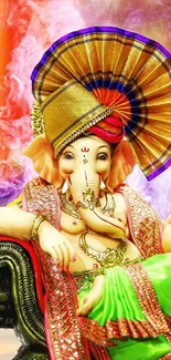 Colorful Ganesh mobile wallpaper with vibrant orange and green hues.