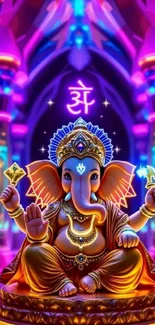 Colorful digital art depicting Lord Ganesh in a vibrant temple setting.