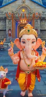 Colorful image of Lord Ganesh and temple setting.