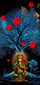 Vibrant wallpaper of Ganesh under a mystical blue tree with red flowers.