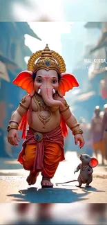 Artistic depiction of Ganesha walking with a mouse in a vibrant street setting.