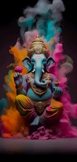 Vibrant Ganesha art with colorful smoke accents for mobile wallpaper.