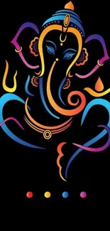 Colorful artistic depiction of Lord Ganesha on a black background.