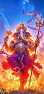 Vibrant artistic depiction of Ganesha with trident and lush colors.