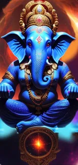 Blue Ganesha in cosmic art with vibrant colors and spiritual elements.