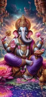 Vibrant artwork of Ganesh with lotus flowers and vivid colors.