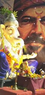 Ganesha statue with vibrant festival decor.