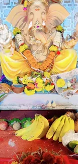 Vibrant Ganesha idol decorated for a festival.