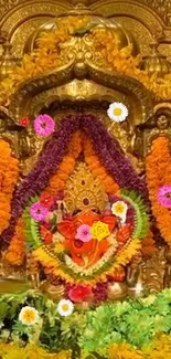 Colorful Ganesha wallpaper with flowers and gold backdrop.