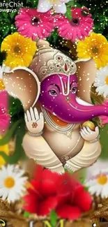 Ganesha surrounded by colorful flowers with a pink hue.