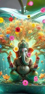 Colorful artwork of Lord Ganesha surrounded by flowers and glowing aura.