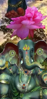 Ganesha image with vibrant colors and a lotus flower on a serene background.