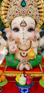 Vibrant Ganesha idol with colorful decor on a phone wallpaper.