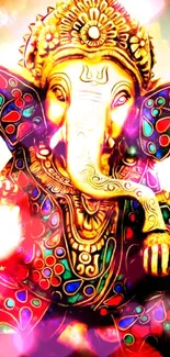 Colorful Ganesha design with vibrant patterns and gold hues.