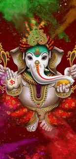 Colorful Lord Ganesha wallpaper with vibrant red background.