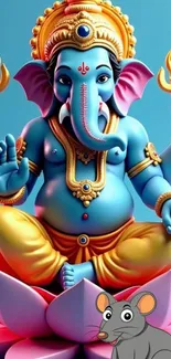 Vibrant blue Ganesha on lotus with a sacred aura.