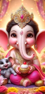 Colorful Ganesha wallpaper with elephants and flowers.