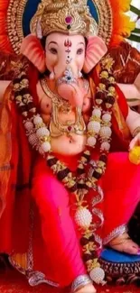 Ganesha with vibrant decorations and colorful attire in a spiritual setting.