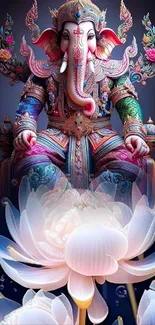 Colorful Lord Ganesha on lotus mobile wallpaper with dark blue background.