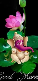 Ganesha with lotus on a rich black background, greeting 'Good Morning'.