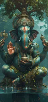 Vibrant Ganesha artwork in a serene forest setting, showcasing spiritual elements.