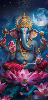 Ganesha surrounded by lotus flowers under a moonlit sky, vibrant mobile wallpaper.