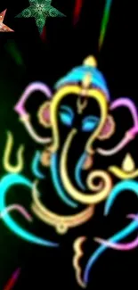 Vibrant neon Ganesha design with colorful stars on a dark background.