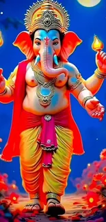 Vibrant Ganesha illustration with glowing lamps