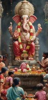 Artistic depiction of Lord Ganesha surrounded by devotees in a worship ceremony.