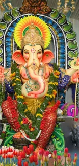 Vibrant Ganesha idol with colorful decorations