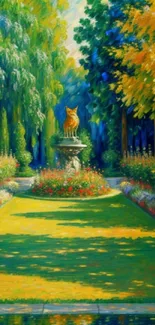 Vibrant garden scene with a fox statue surrounded by lush greenery and colorful flowers.