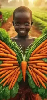 Child with leafy greens and carrot butterfly display in a vibrant garden.