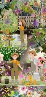 Cartoon garden scene with playful flowers and gardeners.