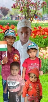 Children and family in a vibrant garden with colorful flowers.