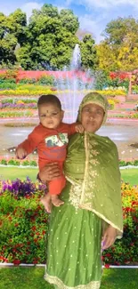 A mother and child in a vibrant floral garden scene.