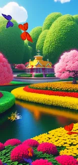 Colorful garden landscape with vibrant trees and flowers.