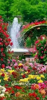 Colorful garden with a central fountain and vibrant flowers.