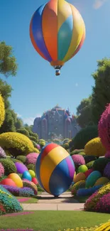 Colorful hot air balloon over vibrant garden.