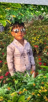 Kid in sunglasses with a vibrant garden backdrop and lush greenery.