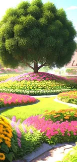 Vibrant garden with tree and flowers